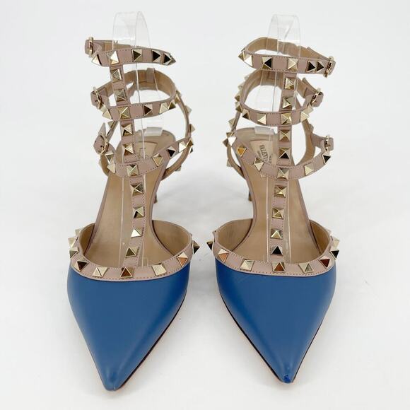 Valentino Garavani Blue Leather Rockstud Caged Pointed Toe Heel size EU 38.5 - Picture 5 of 12
